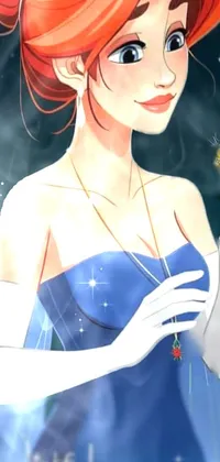This live wallpaper showcases a stunning redhead woman in a blue dress holding a mouth-watering sandwich and pocket watch