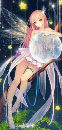 If you're a fan of anime and fantasy art, you'll love this phone live wallpaper! Featuring a charming girl holding a glowing crystal ball while seated on a tree branch, every element of the image is perfect