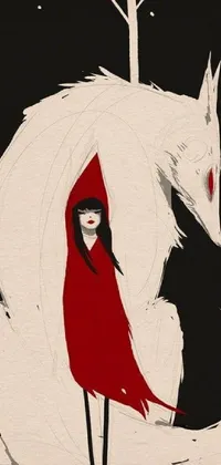 This live wallpaper depicts a little red riding hood character riding on a white horse, with a background of an anthro wolf peeking from behind a tree