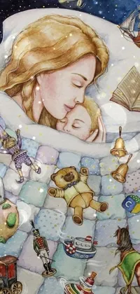 This live wallpaper features a heartwarming illustration of a woman and baby snuggled up in bed