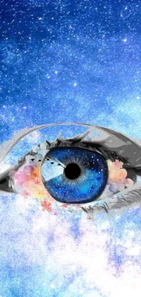 This phone live wallpaper features a mesmerizing digital painting of a blue eye with feather-like details
