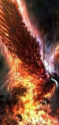 This exquisite live wallpaper depicts a graceful bird soaring above a fiery landscape, while a stunning image of a phoenix at rest dominates the screen