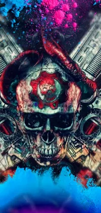 This stunning live phone wallpaper showcases a mesmerizing digital painting of a skull featuring striking horns, with a red and cyan color scheme that adds an eye-catching contrast to your screen