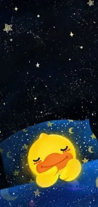 Looking for a cute and peaceful live wallpaper for your phone? Check out this digital art design by Cheng Jiasui featuring a yellow duck floating on top of a bed, under a starry night sky