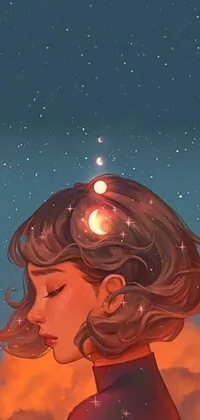 This phone live wallpaper features a stunning digital artwork of a woman with her head in the clouds