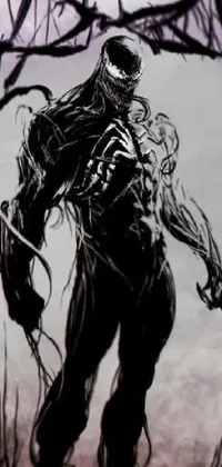 This phone live wallpaper features a black and white drawing of a spider-suited man with venomized tendrils and black vines