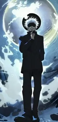 This phone live wallpaper showcases a dark-suited man standing before a spiral