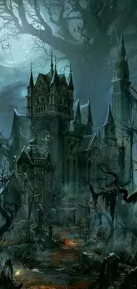 This spooky and captivating live wallpaper features a striking gothic style castle in the heart of a dense forest