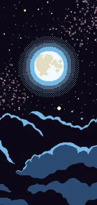 Enjoy a mystical and magical atmosphere on your phone with our pixel art live wallpaper! Featuring a bluish-tinted full moon emitting spore clouds and twinkling stars, this retro-style image is perfect for fans of classic games and dreamy themes