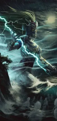 This phone live wallpaper features a striking image of the Norse god, Thor amidst lightning and thunder