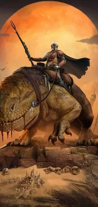 This phone live wallpaper depicts a fierce T-rex charging forward with a determined man riding on its back, sword in hand
