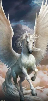 This striking live phone wallpaper features a realistic painting of a beautiful white winged horse soaring effortlessly through a serene sky