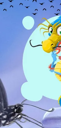 This phone live wallpaper showcases an eye-catching image of a cartoon animal, presenting a green and blue scaled Chinese-style dragon and a delicate orange and yellow winged butterfly
