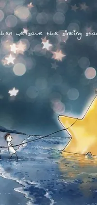 This live wallpaper features a cute cartoon depicting a person pulling a star