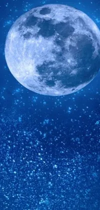 This mobile live wallpaper features stunning digital art depicting a full moon in the sky, surrounded by a sea of stars and accentuated by beautiful blue particles
