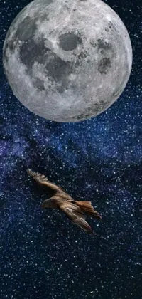 This phone live wallpaper showcases a delightful image of a bird flying in front of a full moon