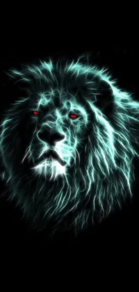This phone live wallpaper showcases a digitally rendered close-up of a fierce lion against a black background