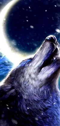 Enjoy the captivating beauty of a lone wolf howling at the moon amidst a snowy forest on your phone background