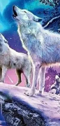 This live phone wallpaper depicts a duo of white wolves against a stunning winter backdrop of falling snowflakes and twinkling stars