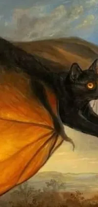 This phone live wallpaper showcases a painting of a black cat soaring through the skies, with a magical and surreal twist