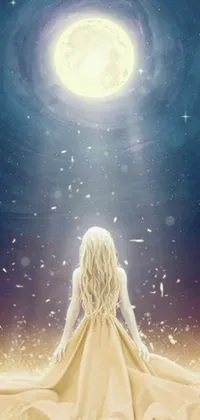 This live wallpaper features a majestic cosmic scene with a woman sitting in a field, wearing an iridescent dress, gazing up at the yellowish full moon