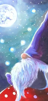 Transform your phone display with this mesmerizing live wallpaper of a cute gnome sitting atop a mushroom under a full moon with magnificent stars shining brightly all around