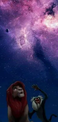 This live phone wallpaper showcases a breathtaking image of two majestic lions against a serene backdrop of space art