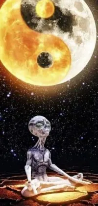 This phone live wallpaper depicts a surreal and dreamy scene, with a person in a lotus position and a friendly alien life form nearby, against the backdrop of a full moon