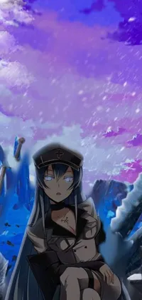 This stunning live wallpaper features an anime-style drawing of a maid dressed in a unique attire, including a Nazi SS Military Uniform, sitting atop a rock formation in an icy cavern, with a vivid purple sky as the background