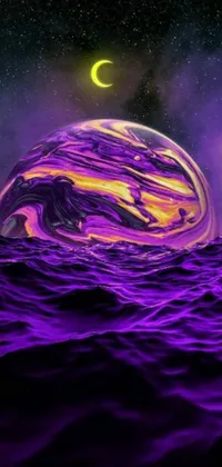 This live wallpaper for your mobile phone features a captivating purple planet set against a tranquil body of water