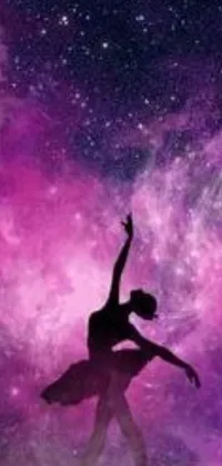This phone live wallpaper portrays a beautiful, dreamy scene of a person twirling with a ballerina in the midst of a vibrant, purple nebula