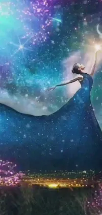Are you ready to add a touch of magic to your phone screen? This stunning live wallpaper features a woman wearing a blue dress and holding a star