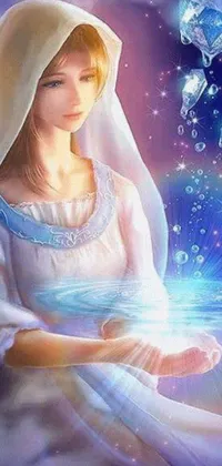 Get enchanted by this captivating phone live wallpaper that portrays a woman holding a diamond in a fantasy art painting