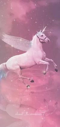 This live wallpaper features a white unicorn floating on water with shining pink armor, flying through space