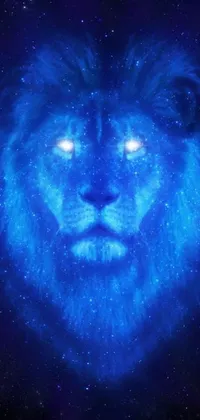 This phone live wallpaper showcases a mesmerizing digital art illustration of a lion's face in a striking neo-primitive style, set against a shining star-filled backdrop