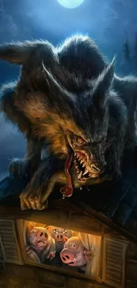 Get ready for a thrilling live wallpaper experience with a werewolf painting on the roof of a house