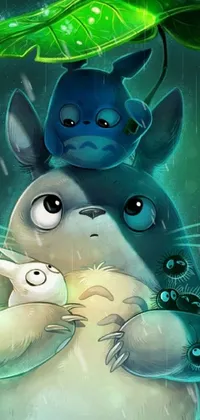 This phone live wallpaper features an adorable scene of two furry animals cuddled up under a green umbrella