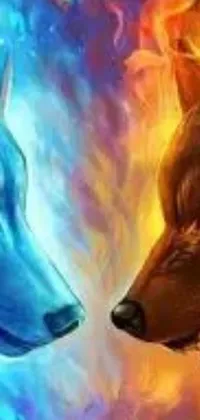 This dynamic live wallpaper features two wolves, one blue and one orange, facing each other in a beautiful duality between fire and ice