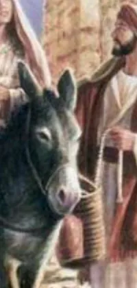 This live wallpaper for your mobile phone features a beautiful painting of Jesus riding a donkey with two accompanying figures
