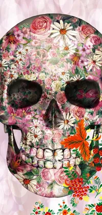 This phone live wallpaper features a stunning painting of a skull with intricate floral patterns in a variety of vibrant colors