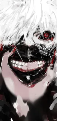 This phone live wallpaper showcases a close up of a white-haired person with an evil and insane grin