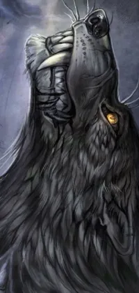 This feature-packed phone wallpaper depicts an intricate painting of a wolf with gleaming yellow eyes