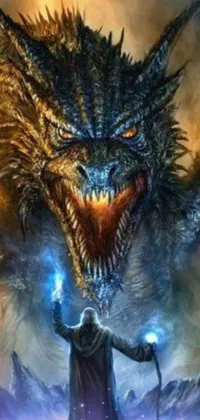 This incredible live wallpaper displays a stunning image of a brave warrior facing a terrifying dragon emerging from blue flames