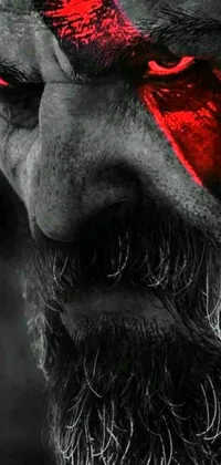 This live wallpaper showcases a digitally rendered close-up of a character with striking red eyes inspired by God of War 2018