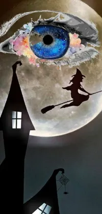 Experience the magic of a witch flying on her broomstick under the full moon with this live wallpaper