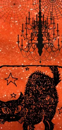 This live wallpaper features a detailed illustration of a cat against a background of a chandelier and a dark orange night sky