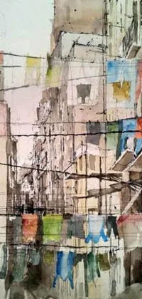 This lively phone wallpaper features a stunning watercolor painting of a city street