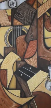 This phone live wallpaper features a unique, cubist-inspired painting of various musical instruments, including a detailed guitar at the center
