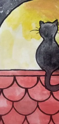 This live wallpaper for your phone features a magnificent watercolor painting of a cat sitting on a rooftop against a beautiful sunrise backdrop