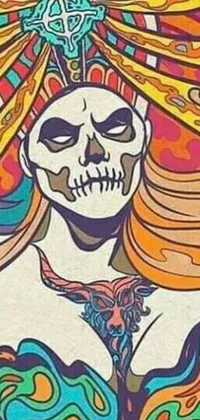 This live wallpaper showcases a vibrant, psychedelic painting of a woman with a skull on her head